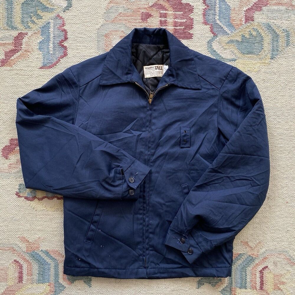 70s Work Jacket Small Navy Blue Walking Tall Vintage Zip Quilted Lined